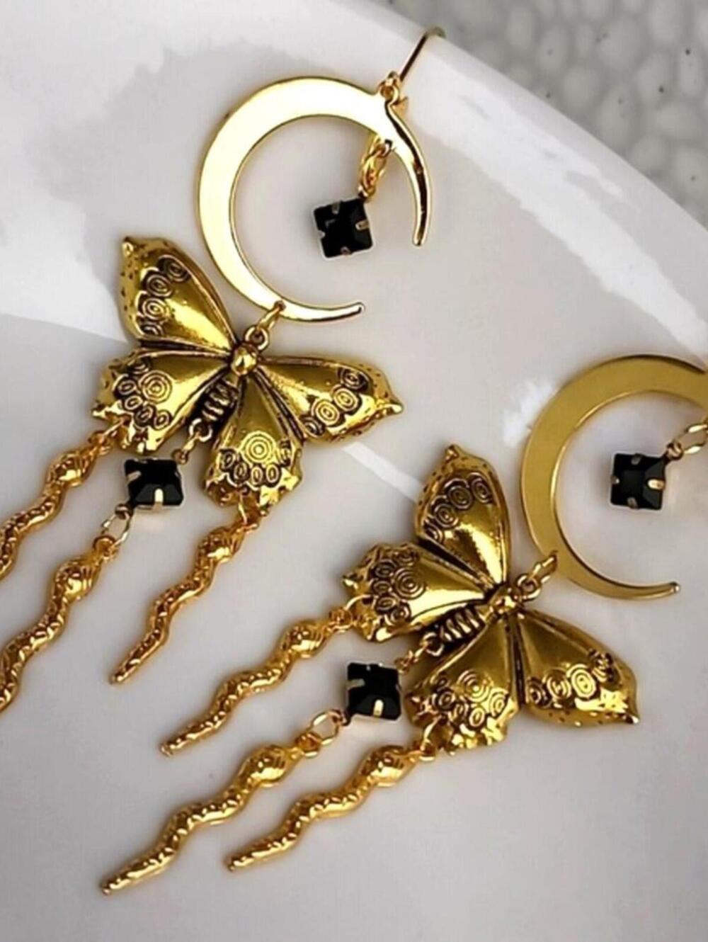 Celestial Wanderer Gold Butterfly Onyx Stone Dangle Earrings